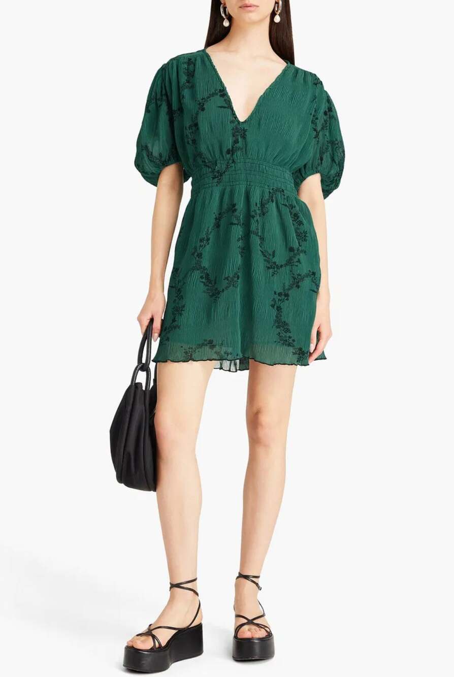Ganni Womens Mini Dress 42 L Plissé Floral Print Green Georgette Pleated V-Neck
